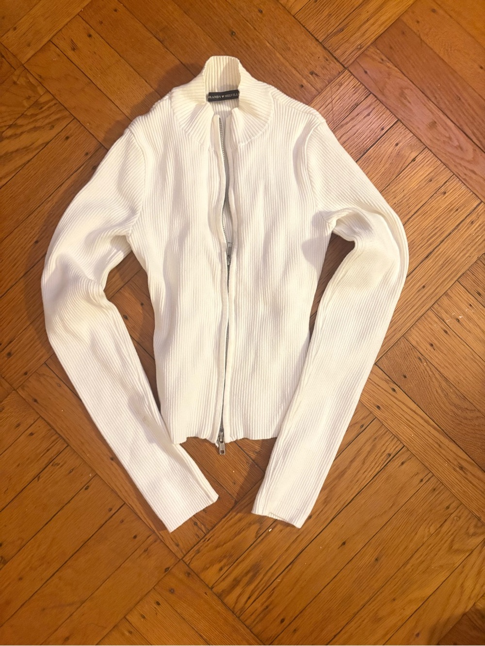 Brandy Melville White Ribbed Zip-Front Cardigan